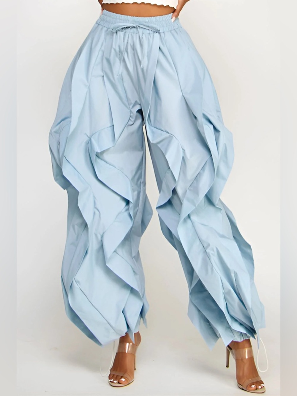 Yellow Ruffle Wide-Leg Wavy Drawstring Pants - Picture 9 of 16